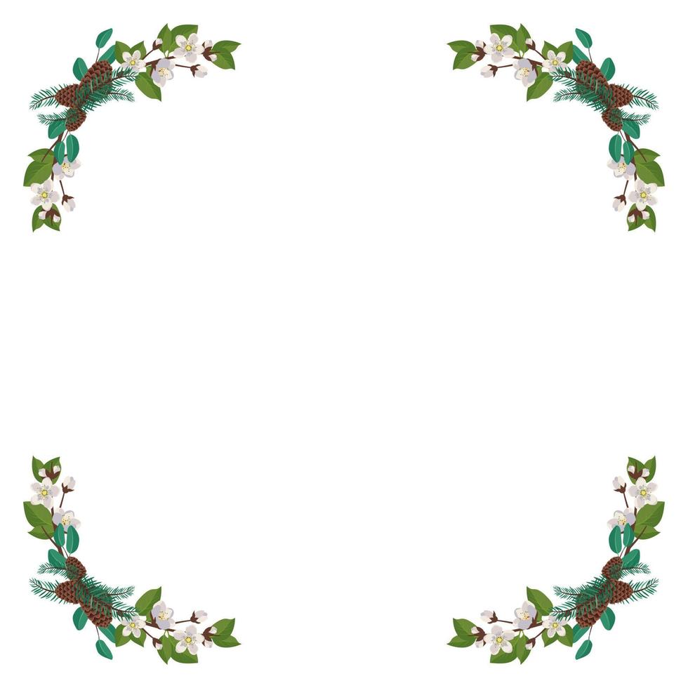 cornice di fiori bianchi di ciliegio o mela con aghi e pigne di abete. composizione a fioritura primaverile con foglie. decorazione festiva per matrimoni, vacanze e cartoline. illustrazione piatta vettoriale