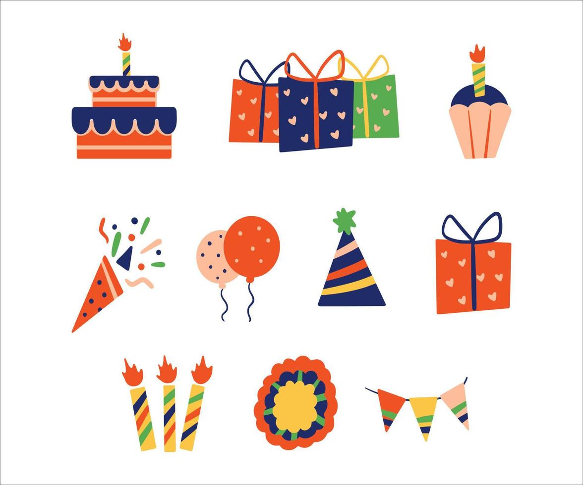 insieme di raccolta di forma dell'elemento del regalo di buon compleanno. confezione regalo, cupcakes, candela, tromba, baloon, cappello da festa, bandiera triangolare. icona vettore isolato premium