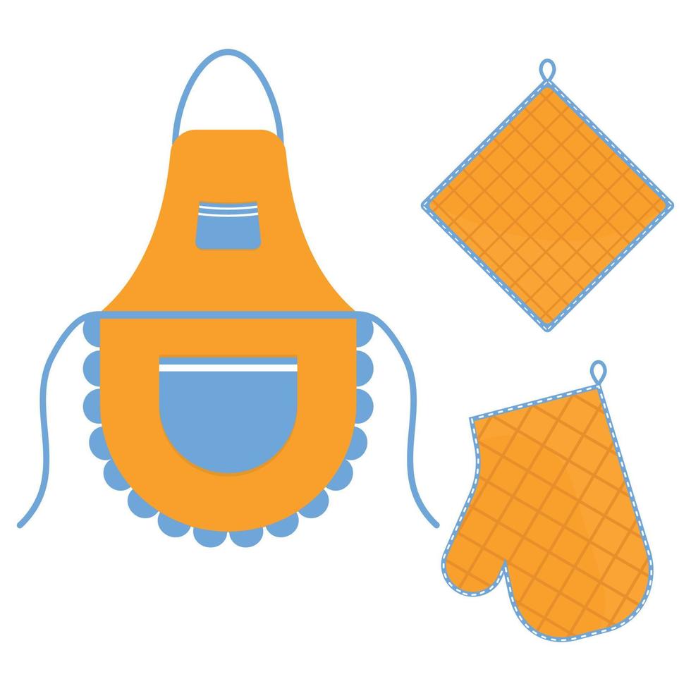 guanto da forno e guanto da forno e grembiule appesi alla griglia su ganci, illustrazione vettoriale isolata a colori in stile piatto