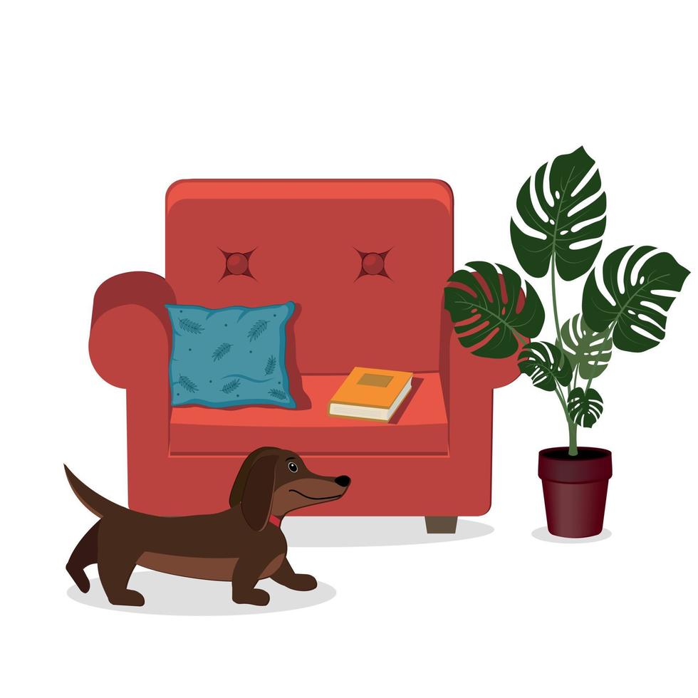 poltrona per interni domestici, fiore e cane, illustrazione vettoriale a  colori piatta 7233038 Arte vettoriale a Vecteezy