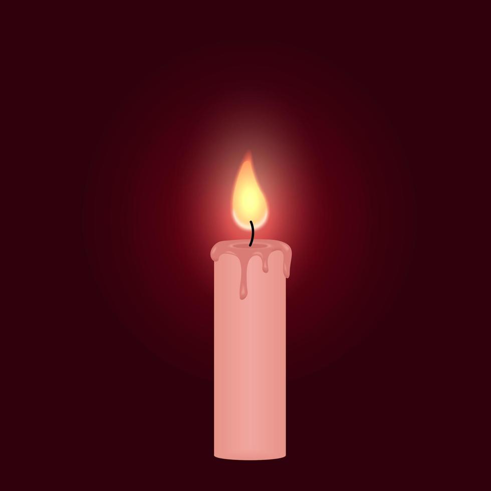 candela accesa realistica isolata su sfondo bordeaux scuro. fiamma di candela realistica. illustrazione vettoriale. vettore
