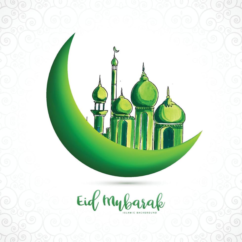 eid mubarak luna islamica e sfondo della cartolina d'auguri della moschea vettore