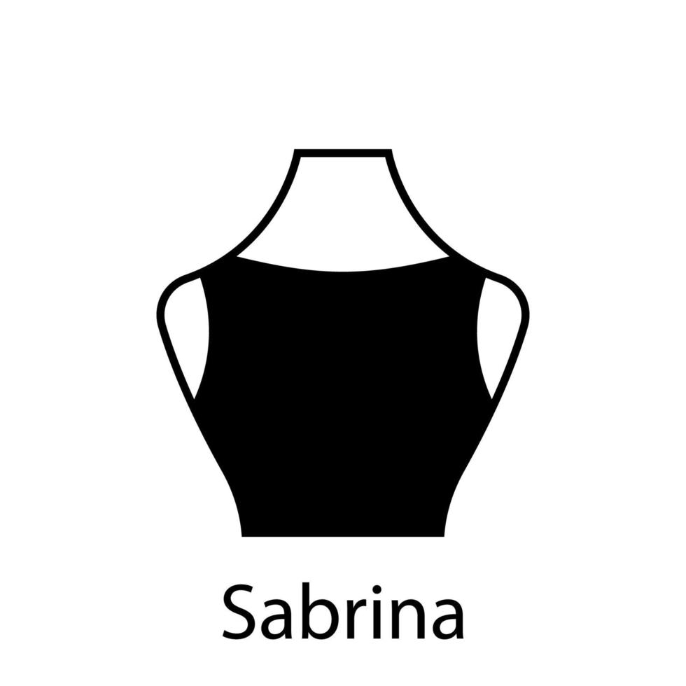 sabrina di tipo scollo alla moda per camicetta da donna, icona silhouette abito. t-shirt nera, crop top su manichino. tipo di scollatura alla moda da donna sabrina. illustrazione vettoriale isolata.