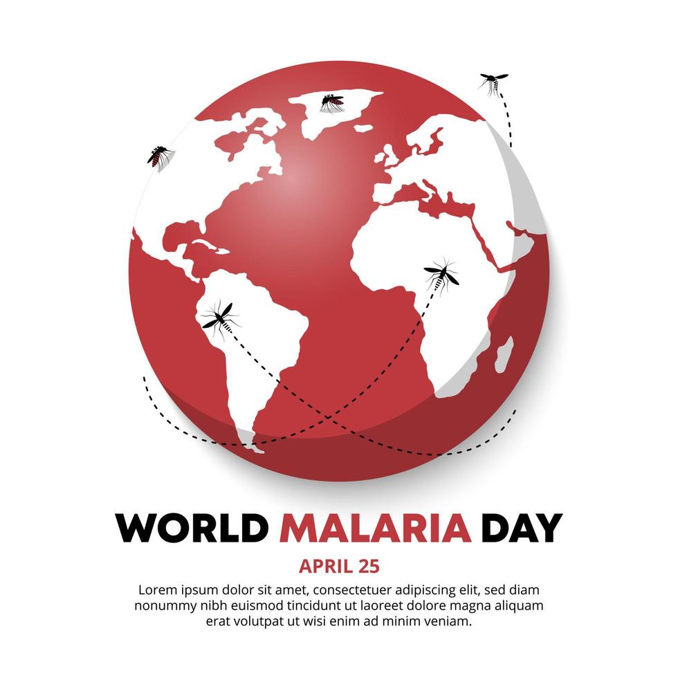 sfondo della giornata mondiale della malaria con le zanzare che circondano il mondo vettore