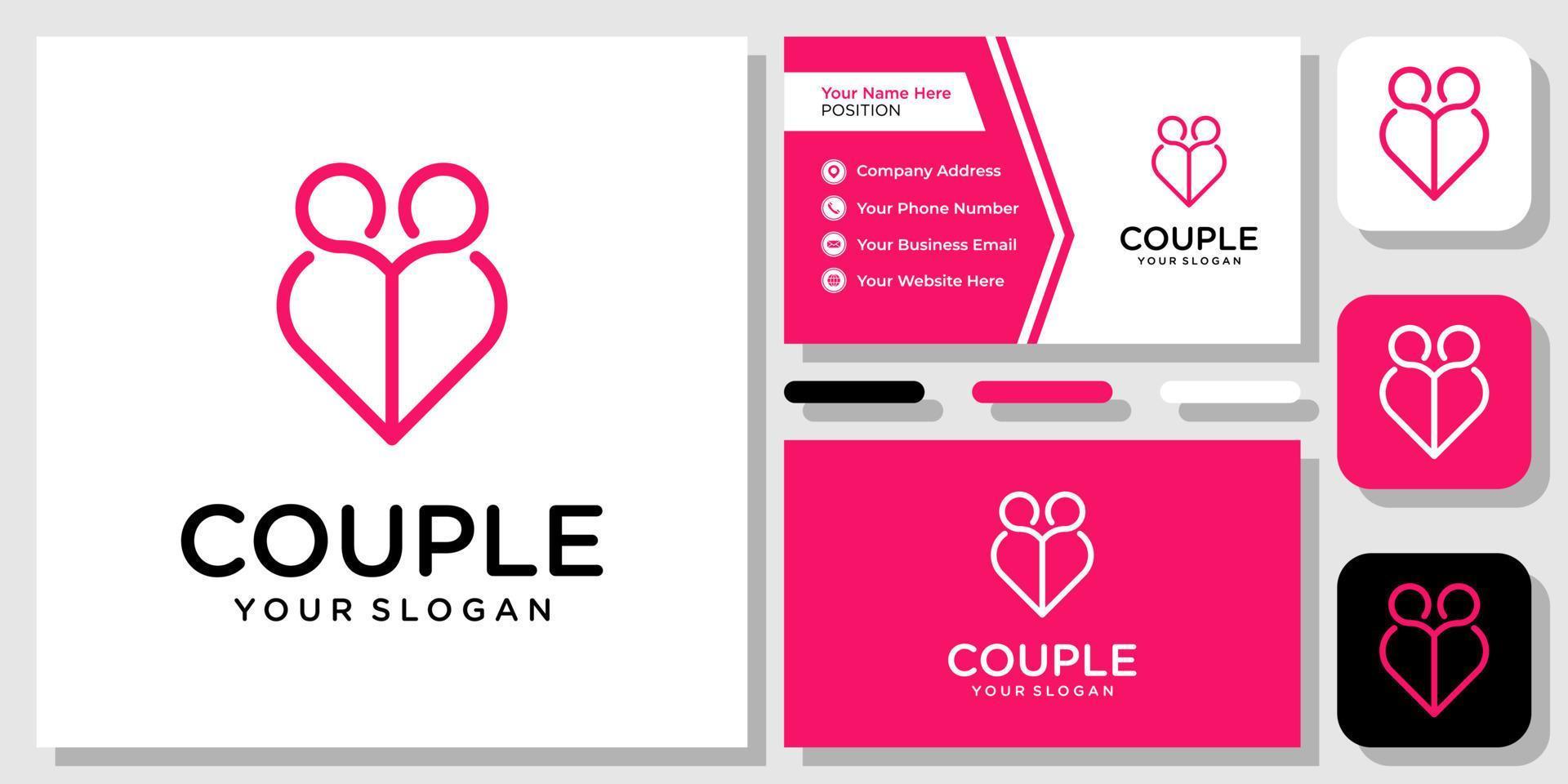 coppia amore persone cuore romantico matrimonio cura logo design con modello di biglietto da visita vettore