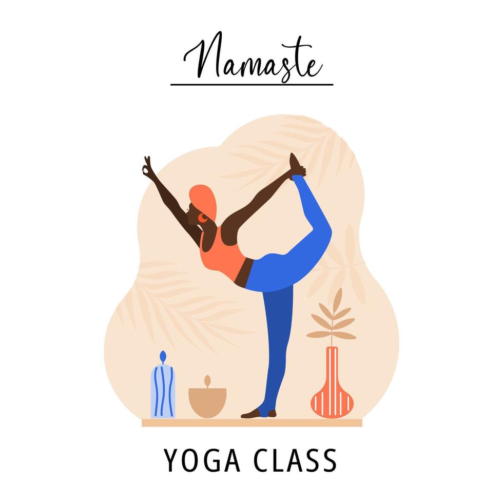 bella e atletica ragazza nera che fa stretching. bunner della lezione di yoga namaste. design minimalista luminoso. illustrazione vettoriale. vettore