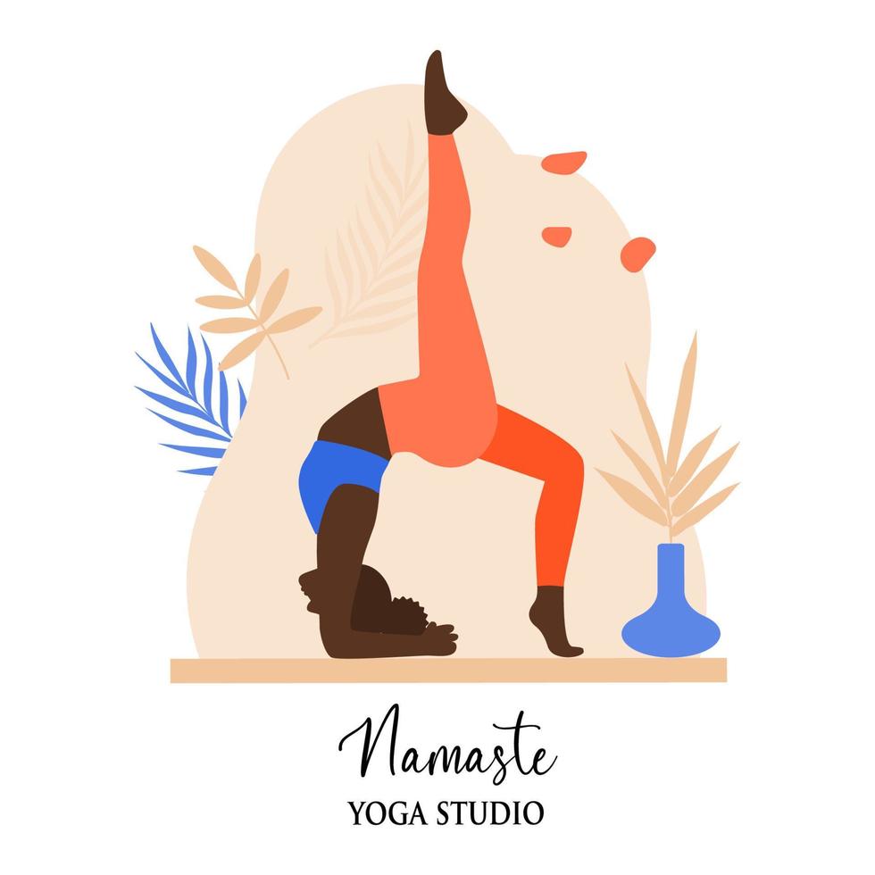 giovane donna africana che pratica yoga. bunner dello studio di yoga namaste. design minimalista luminoso. illustrazione vettoriale. vettore