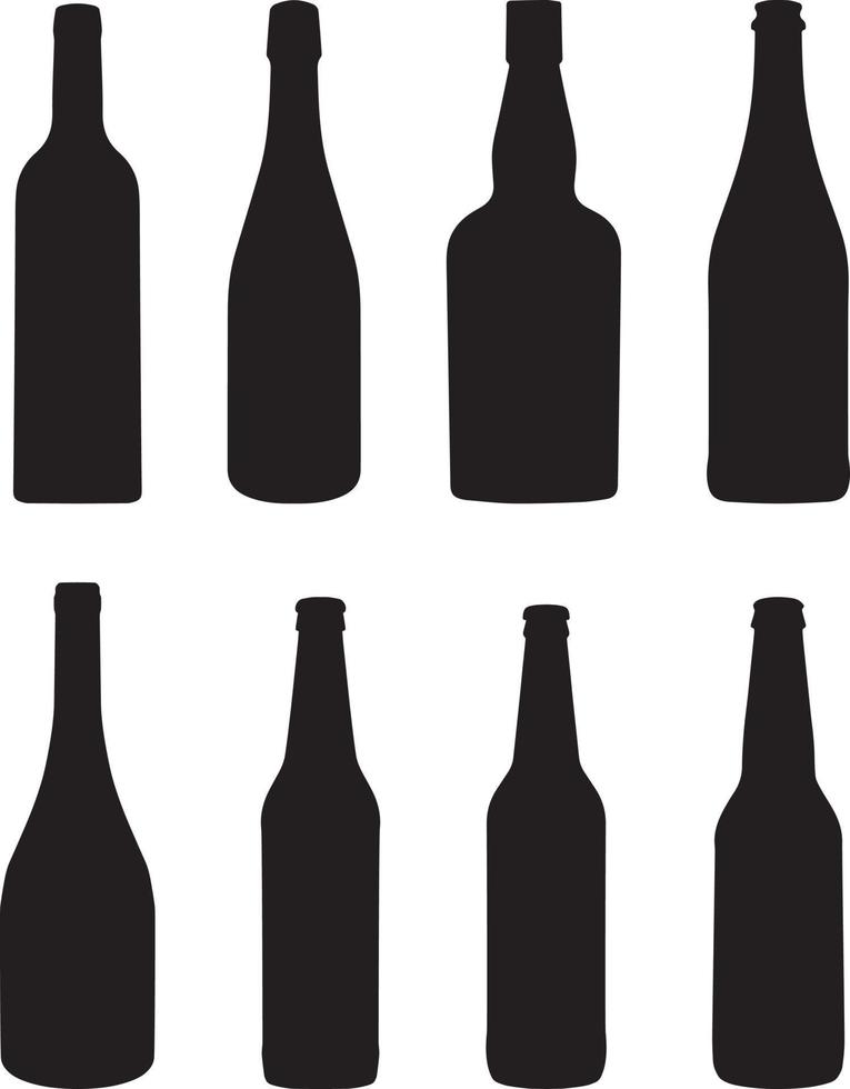 varie bottiglie di vino, birra e soda dalla silhouette nera vettore