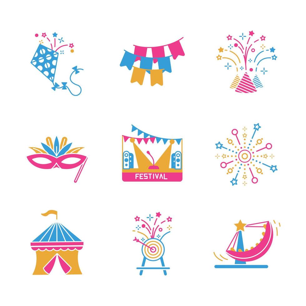 set di icone di aquiloni, coriandoli, campeggio, freccette, maschera per eventi, palcoscenico e ornamento. set di icone di festival ed eventi. set di icone colorate. vettore