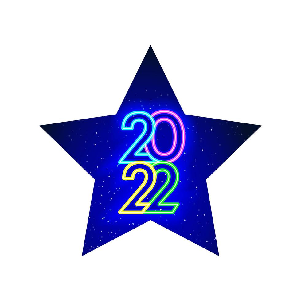 2022 design stella al neon del nuovo anno. la figura tra le stelle. numero di design diversi con led al neon 2022. numeri al neon realistici. isolato su sfondo bianco. vettore