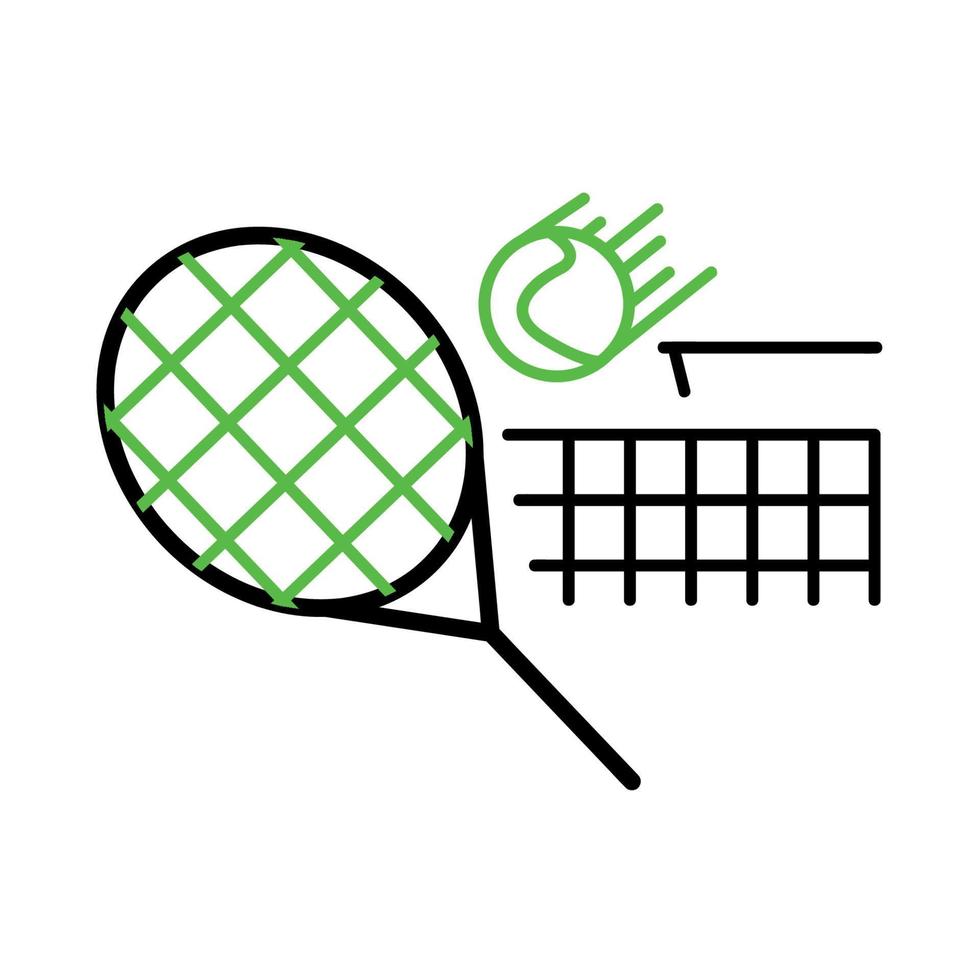 icona della pallina da tennis e della racchetta. palla che passa attraverso la rete da tennis. questa icona è l'icona simboli della partita di tennis. set di icone di competizione sportiva. tratto modificabile. logo, web e app. vettore