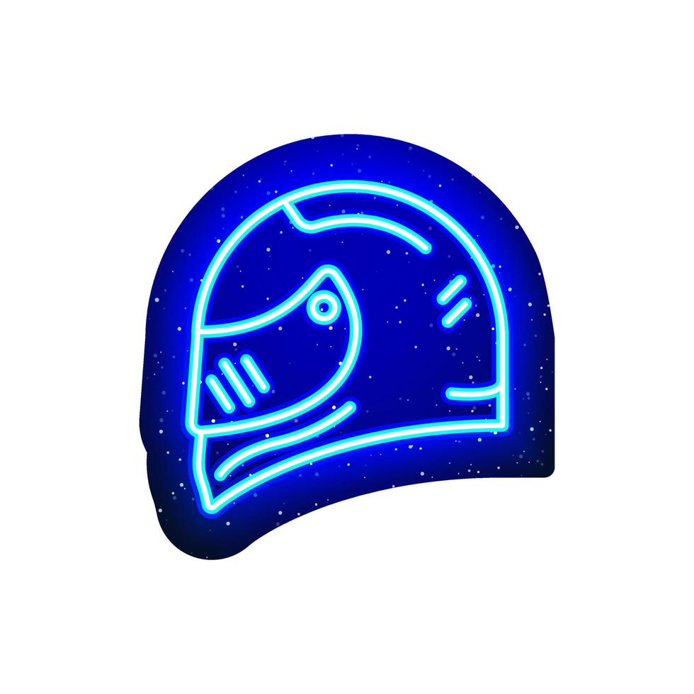 segno del casco da motociclista blu neon. blu notte. corsa con i neon. design lineare del casco. icona al neon realistica. c'è un'area della maschera su sfondo bianco. vettore