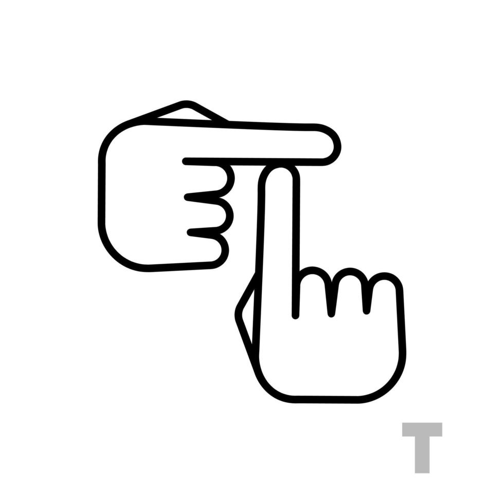 lettera t lettera dell'alfabeto della mano universale e portatori di handicap. semplice lettera lineare chiara t, linguaggio della mano. apprendimento dell'alfabeto, comunicazione sordomuta non verbale, vettore di gesti espressivi.