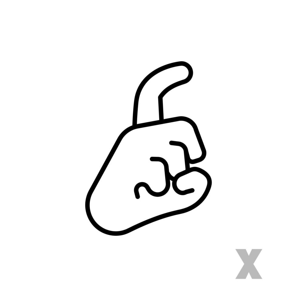lettera x lettera dell'alfabeto della mano universale e portatori di handicap. semplice lettera lineare chiara x, linguaggio della mano. apprendimento dell'alfabeto, comunicazione sordomuta non verbale, vettore di gesti espressivi.
