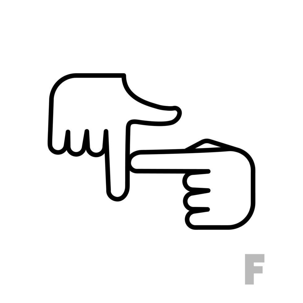 lettera f lettera dell'alfabeto della mano universale e portatori di handicap. semplice lettera lineare chiara f, linguaggio della mano. apprendimento dell'alfabeto, comunicazione sordomuta non verbale, vettore di gesti espressivi.