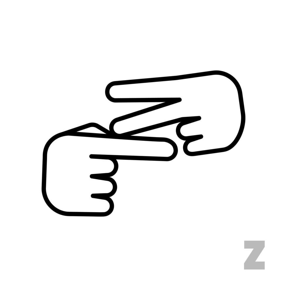 lettera z lettera dell'alfabeto della mano universale e portatori di handicap. semplice lettera lineare chiara z, linguaggio della mano. apprendimento dell'alfabeto, comunicazione sordomuta non verbale, vettore di gesti espressivi.