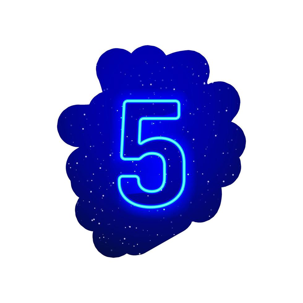 tipo di numero al neon a bagliore blu led. esplosione al neon realistica. numero 5 spettacolo notturno tra le stelle. illustrazione vettoriale di grande tipo numerico. rendering 3d isolato su sfondo bianco.