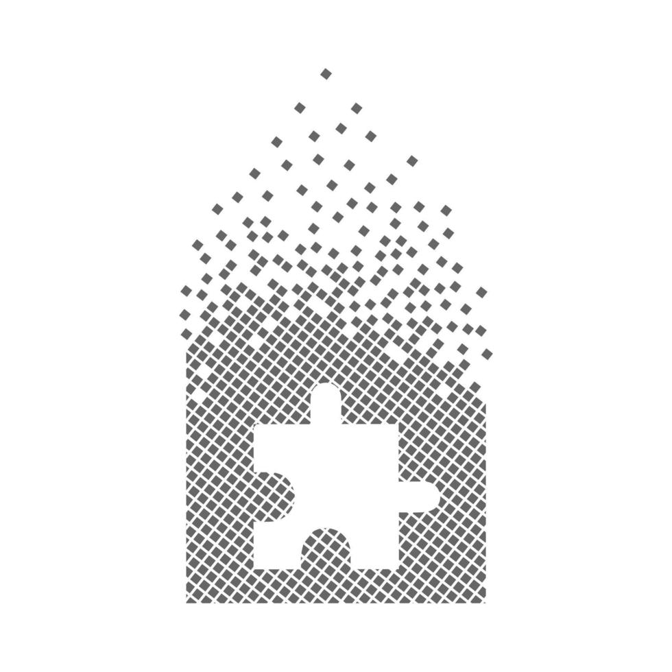 icona dei punti pixel veloci del puzzle. il pixel del segno di distorsione del puzzle è piatto. punto mobile disciolto e disperso art. movimento integrativo e integrativo dei pixel. unendo i punti moderni. vettore