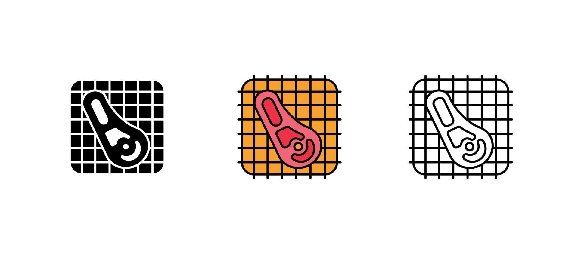 icona di t bone impostata sul barbecue. griglia per barbecue. raccogliere. queste icone contengono icone di cibi caldi. è un insieme di colori, sagome e bei disegni. vettore