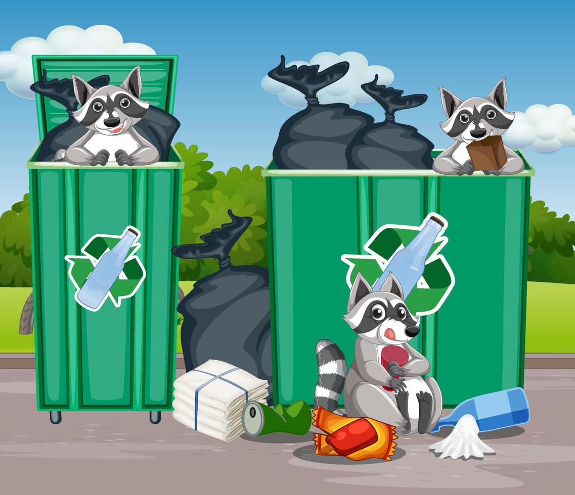 bidoni della spazzatura con molti rifiuti e procioni vettore