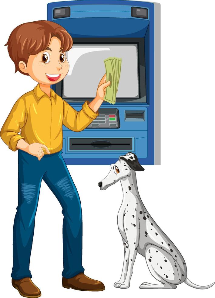 un uomo preleva denaro dal bancomat e un cane vettore