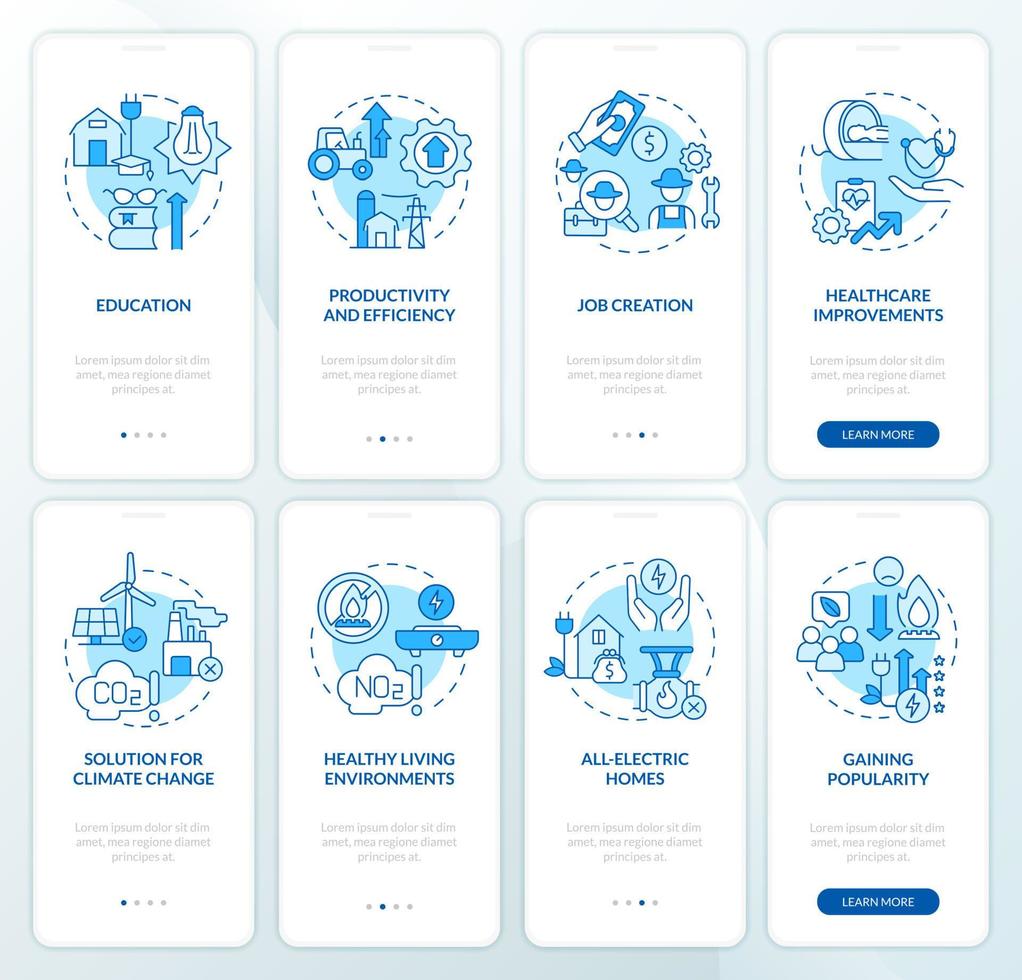 set di schermate dell'app mobile di onboarding blu per l'elettrificazione rurale. procedura guidata di energia verde 4 passaggi pagine di istruzioni grafiche con concetti lineari. ui, ux, modello gui. sono stati utilizzati una miriade di caratteri normali in grassetto vettore