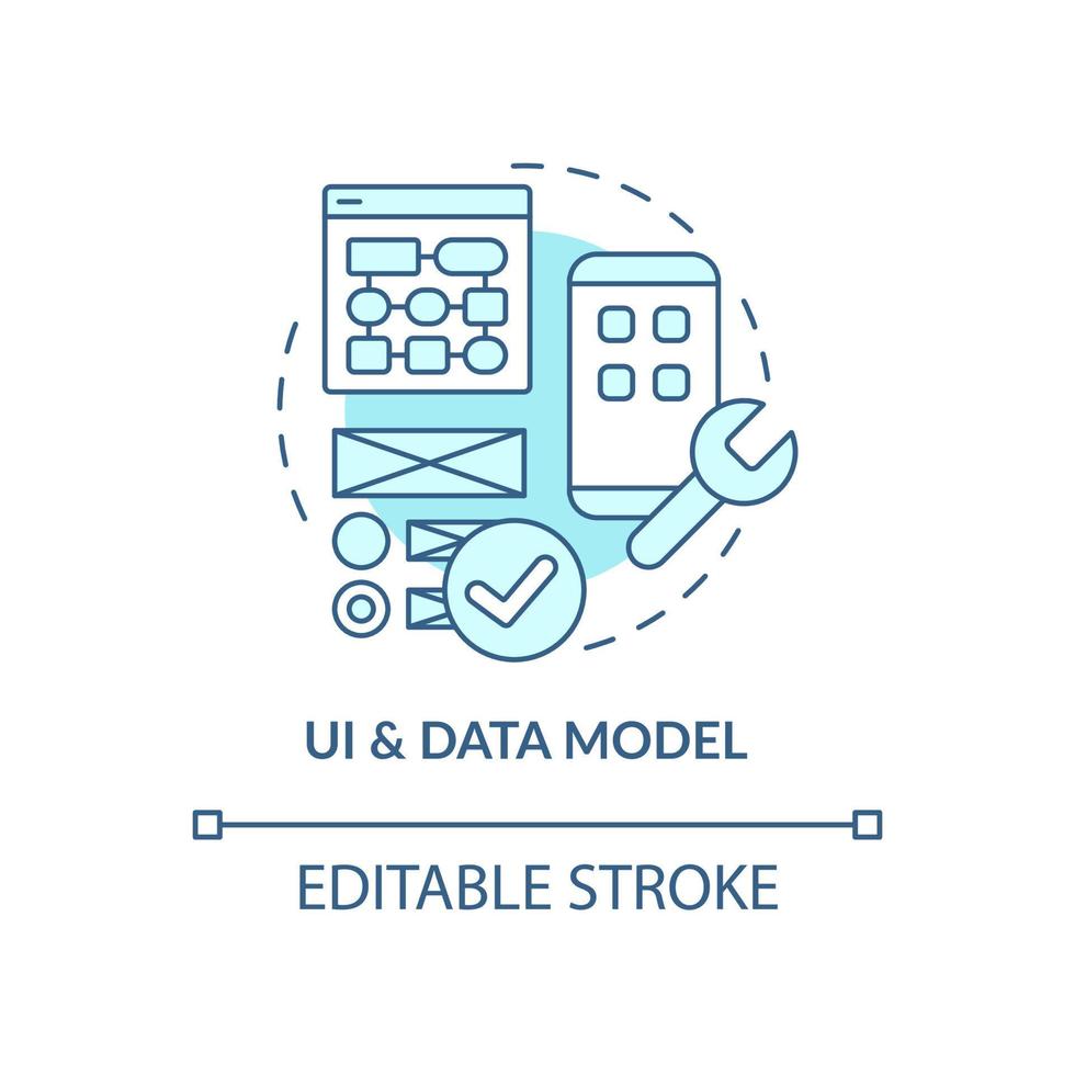 icona del concetto turchese dell'interfaccia utente e del modello dati. ux efficiente per l'applicazione. web 3 0 idea astratta linea sottile illustrazione. disegno di contorno isolato. tratto modificabile. arial, una miriade di caratteri pro-grassetto utilizzati vettore