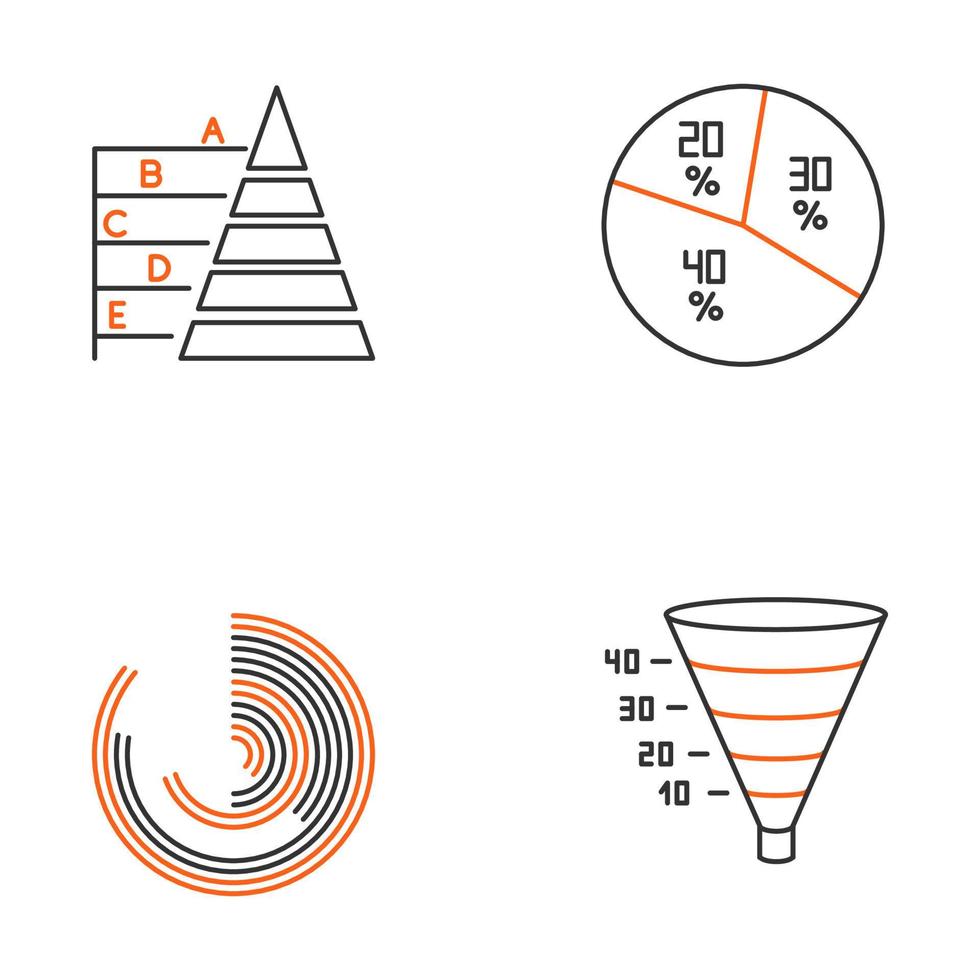 set di icone lineari grafico e grafico. diagramma a torta. grafico a piramide. orologio polare. infografica a imbuto. conversione di marketing. simboli di contorno di linee sottili. illustrazioni di contorno vettoriale isolate. tratto modificabile