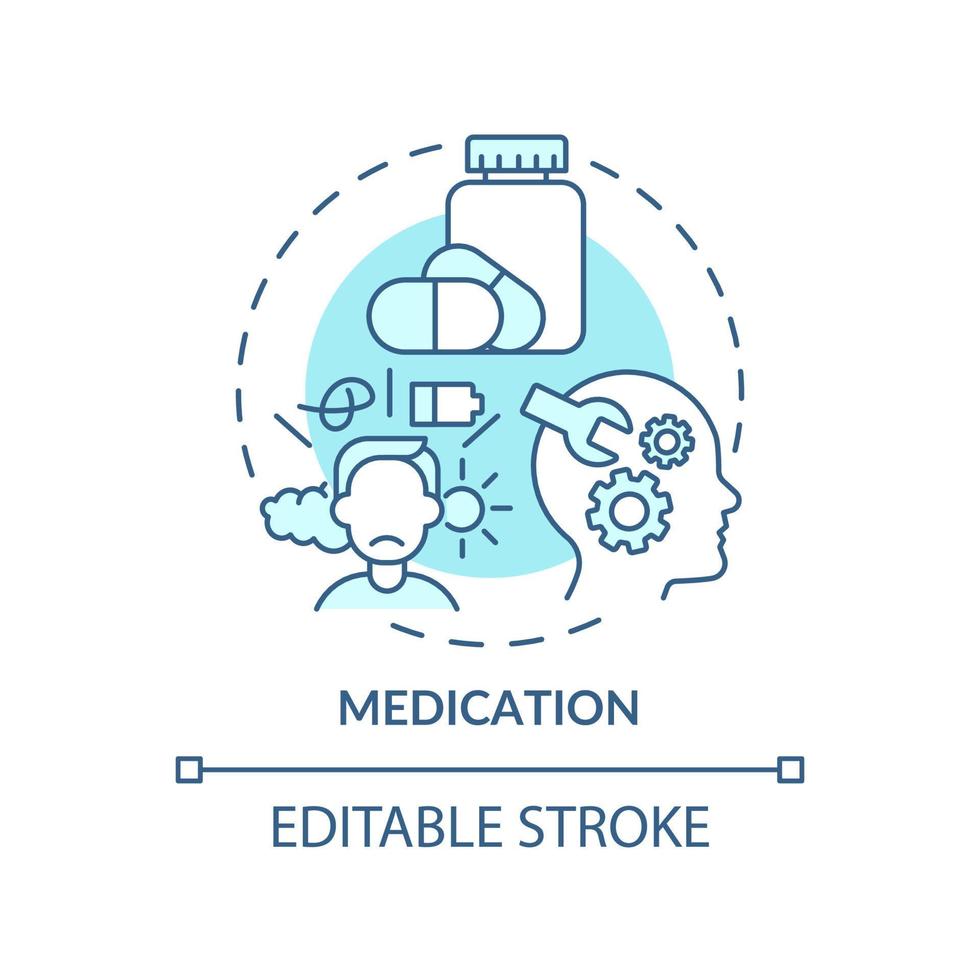 icona del concetto turchese del farmaco. salute mentale. illustrazione della linea sottile dell'idea astratta del trattamento del gioco d'azzardo compulsivo. disegno di contorno isolato. tratto modificabile. arial, una miriade di caratteri pro-grassetto utilizzati vettore