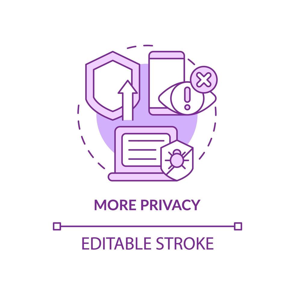 icona del concetto viola più privacy. migliore protezione informatica dai bug. web 3 0 idea astratta linea sottile illustrazione. disegno di contorno isolato. tratto modificabile. arial, una miriade di caratteri pro-grassetto utilizzati vettore