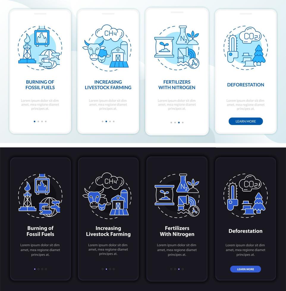 ragioni per il cambiamento climatico notte, modalità giorno a bordo dello schermo dell'app mobile. procedura dettagliata 4 passaggi pagine di istruzioni grafiche con concetti lineari. ui, ux, modello gui. sono stati utilizzati una miriade di caratteri normali in grassetto vettore