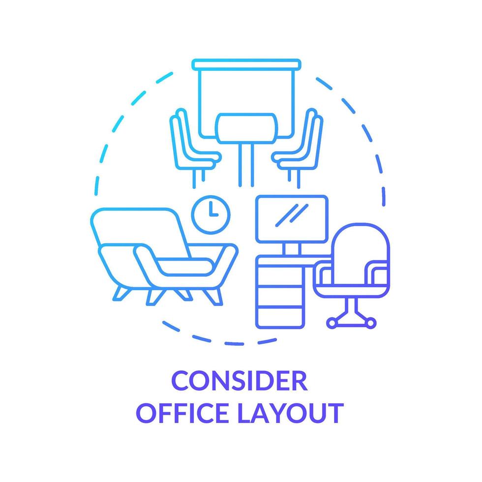 considerare l'icona del concetto di gradiente blu del layout dell'ufficio. comoda disposizione dell'area di lavoro idea astratta linea sottile illustrazione. disegno di contorno isolato. roboto-medium, una miriade di caratteri pro-grassetto utilizzati vettore
