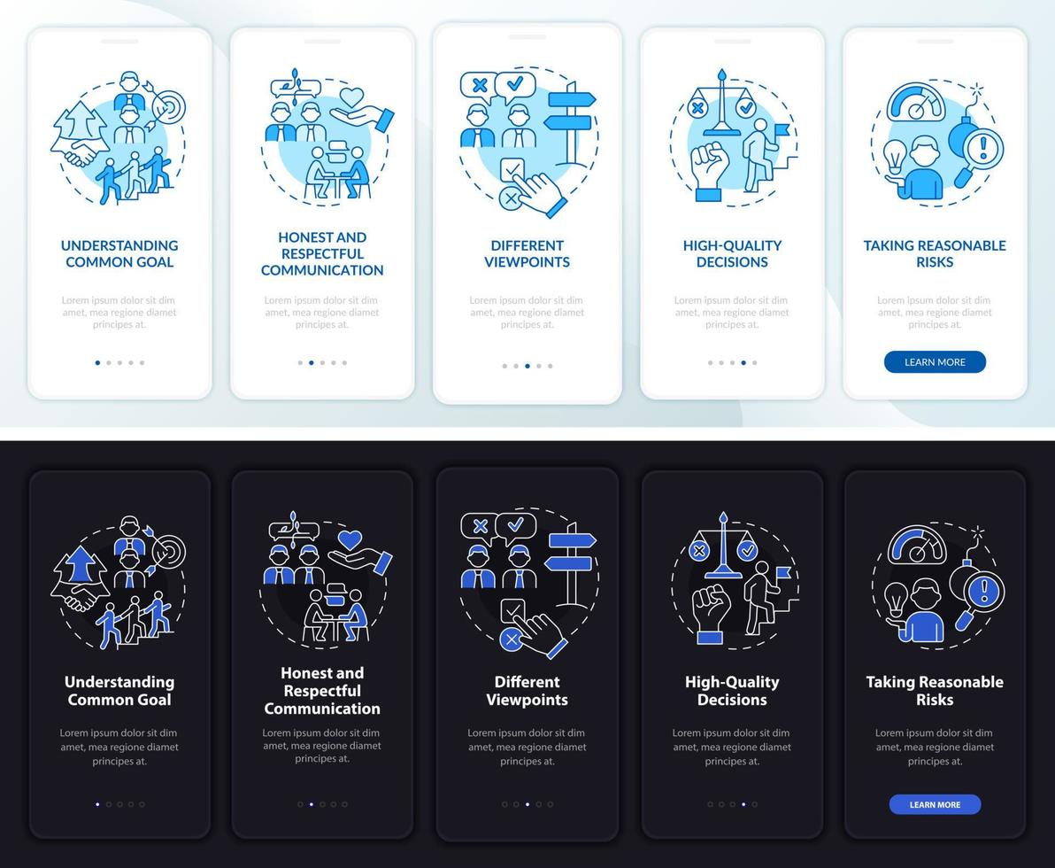 Suggerimenti per il lavoro di squadra Modalità notte e giorno per l'integrazione della schermata dell'app mobile. guida all'azienda 5 passaggi pagine di istruzioni grafiche con concetti lineari. ui, ux, modello gui. sono stati utilizzati una miriade di caratteri normali in grassetto vettore