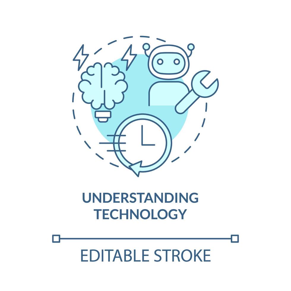 comprensione dell'icona del concetto turchese della tecnologia. conoscenza sulla programmazione illustrazione linea sottile idea astratta. disegno di contorno isolato. tratto modificabile. roboto-medium, una miriade di caratteri pro-grassetto utilizzati vettore