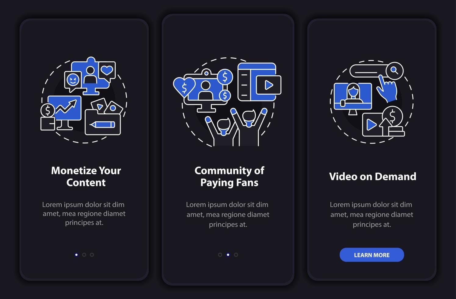 Guadagna denaro dalla modalità notte di abbonamento onboarding schermo dell'app mobile. procedura dettagliata 3 passaggi pagine di istruzioni grafiche con concetti lineari. ui, ux, modello gui. sono stati utilizzati una miriade di caratteri normali in grassetto vettore
