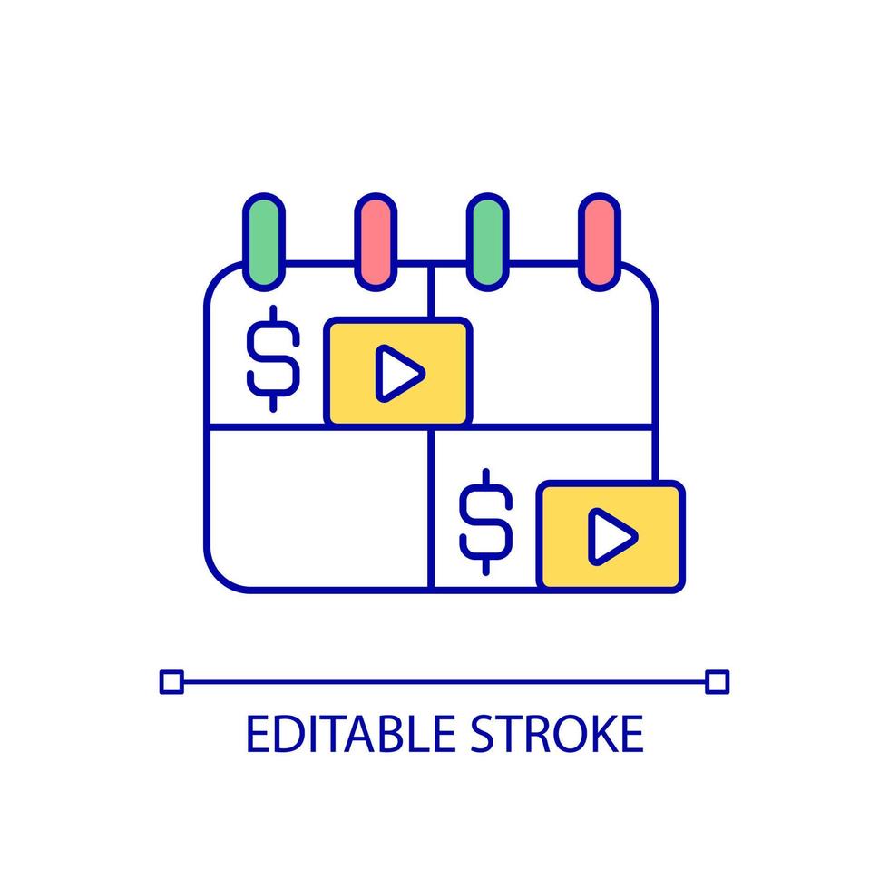 icona a colori RGB per la distribuzione regolare dei contenuti. modello di abbonamento. pagamento mensile. monetizzazione dei media. illustrazione vettoriale isolata. semplice disegno a tratteggio pieno. tratto modificabile. carattere arial utilizzato