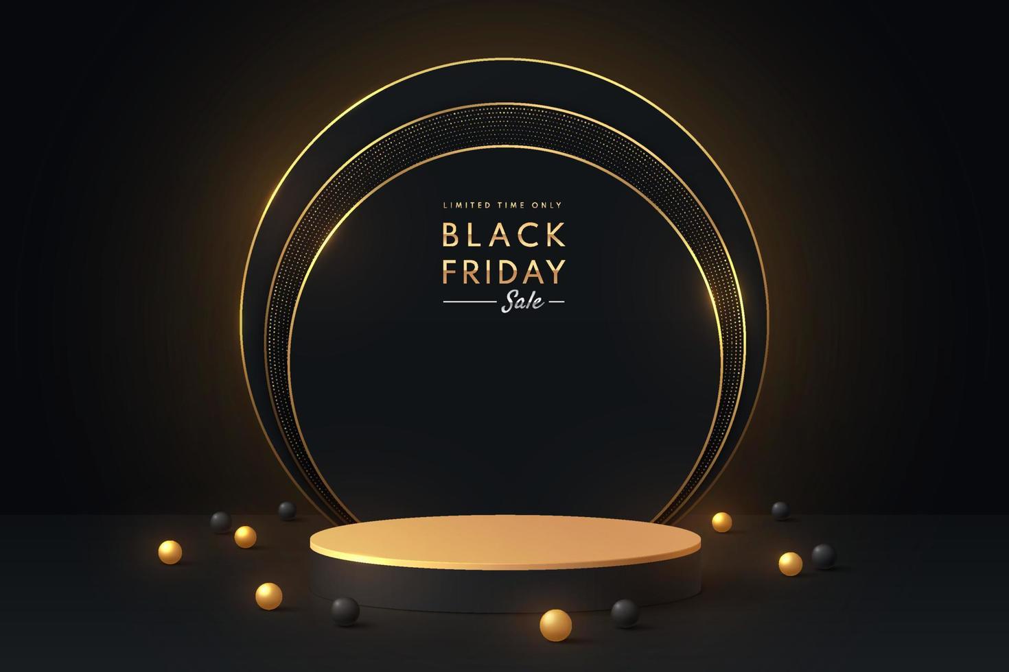 realistico podio con piedistallo cilindro 3d nero e oro con strati circolari sovrapposti alla scena. sfondo astratto di lusso. vetrina dei prodotti del black friday, display promozionale. forme geometriche vettoriali. vettore