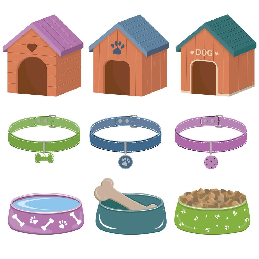 un set di accessori per cani e gatti, una cabina, ciotole con cibo, collari con medaglione. illustrazione vettoriale isolata