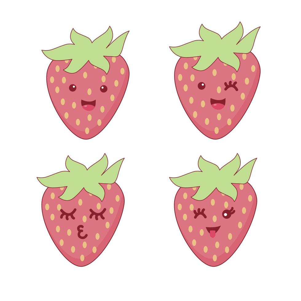 fragola. simpatico cartone animato di fragole, simpatico set di caratteri vettoriali di frutta isolato su bianco