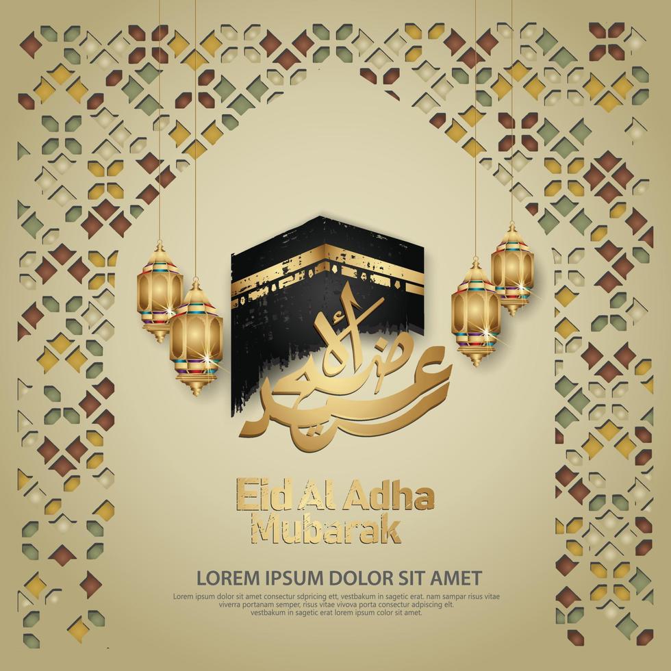 saluto islamico con calligrafia eid al adha, simbolo kaaba, lanterna e ornamento a mosaico. illustrazione vettoriale