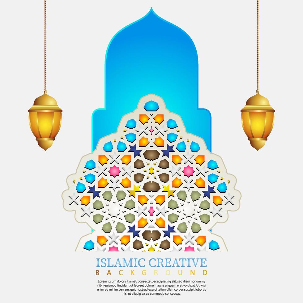 modello di sfondo biglietto di auguri design islamico con dettagli decorativi colorati di arte islamica ornamenti mosaico floreale illustrazione vettoriale