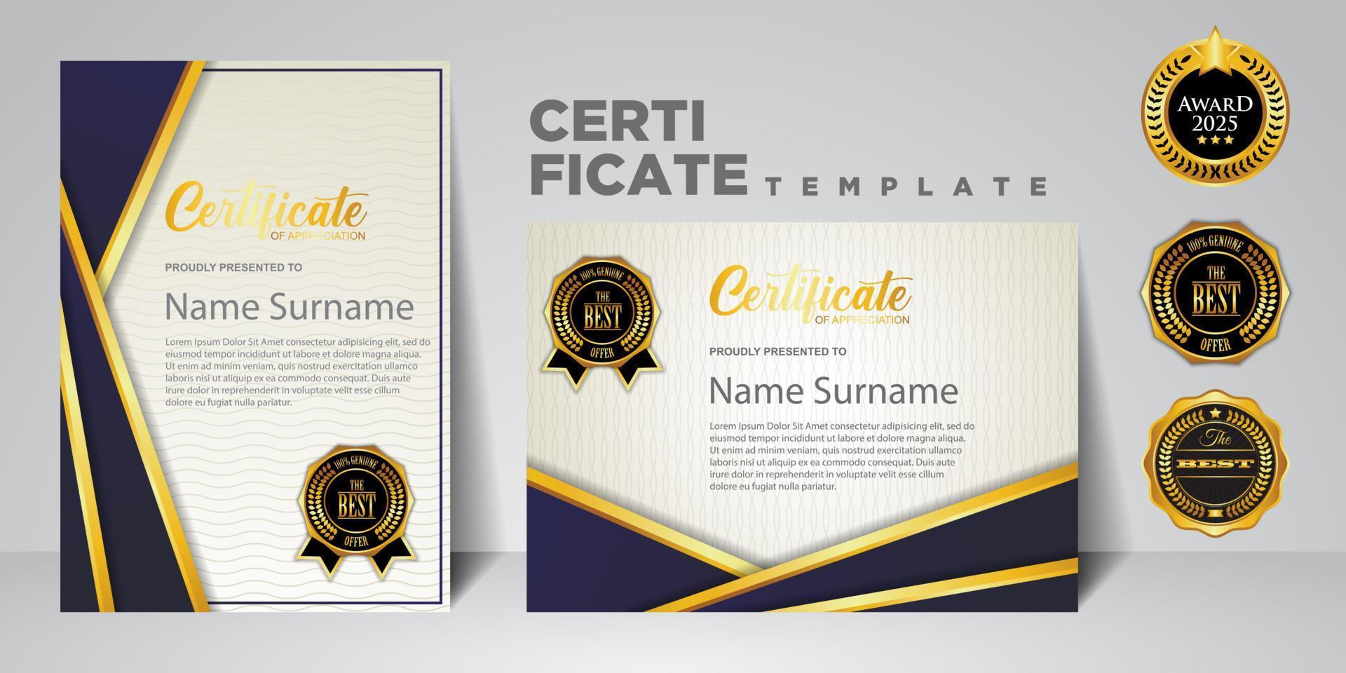 modello di certificato moderno in gradazione e colori oro, lusso e stile moderno e immagine vettoriale stile premio. adatto per l'apprezzamento. vettore premium.