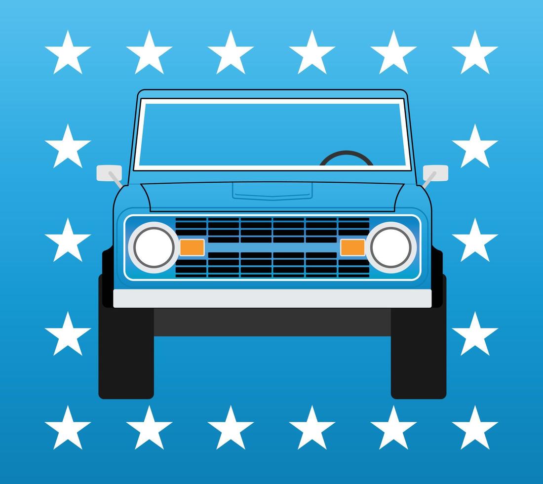 vecchia macchina fuoristrada su sfondo blu con stelle vettore