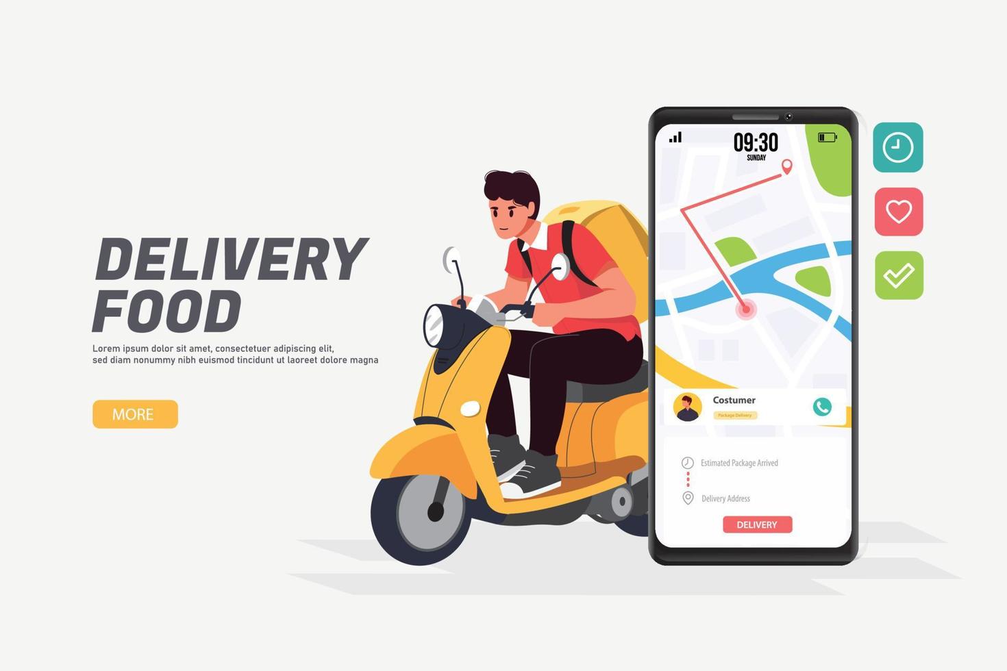 consegna veloce e gratuita in scooter. perfetto per landing page, fattorino e sito Web di tracciamento smartphone, banner, sfondo, applicazione, poster, su dispositivo mobile vettore