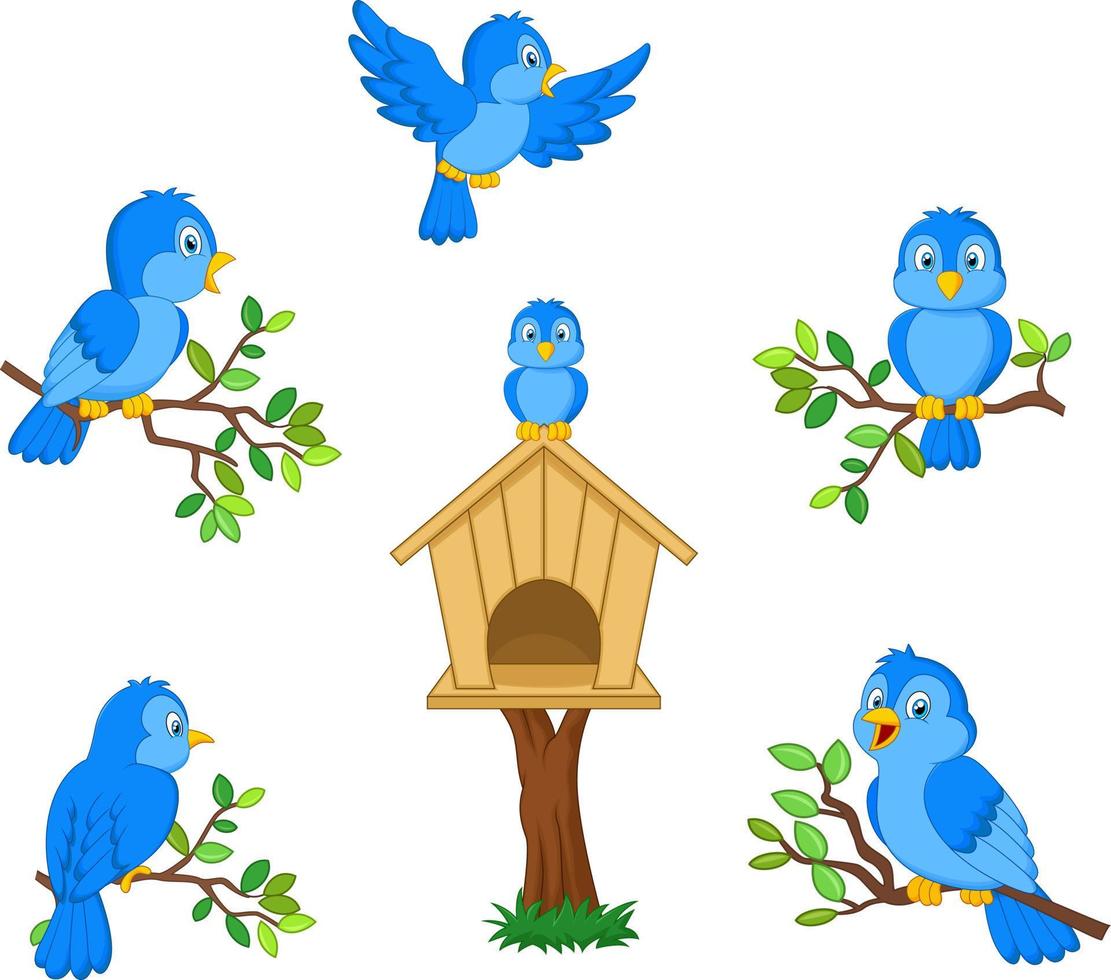 set di cartone animato uccello blu su sfondo bianco vettore