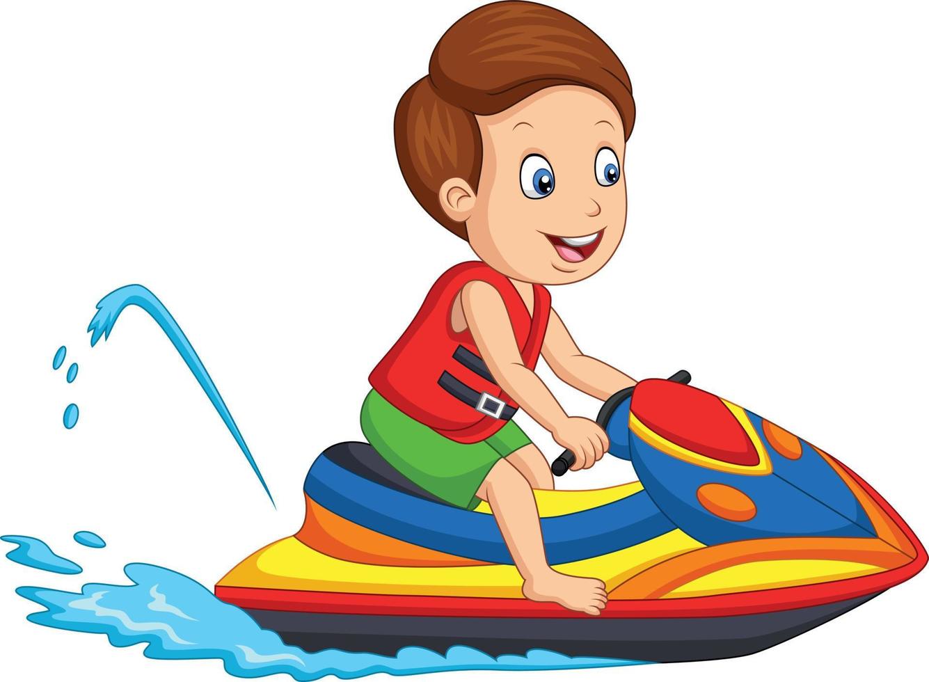 il ragazzino del fumetto cavalca una moto d'acqua vettore