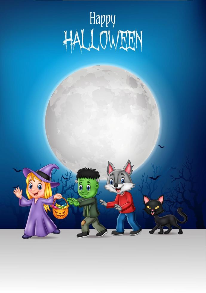 bambini felici dei cartoni animati con sfondo di halloween vettore
