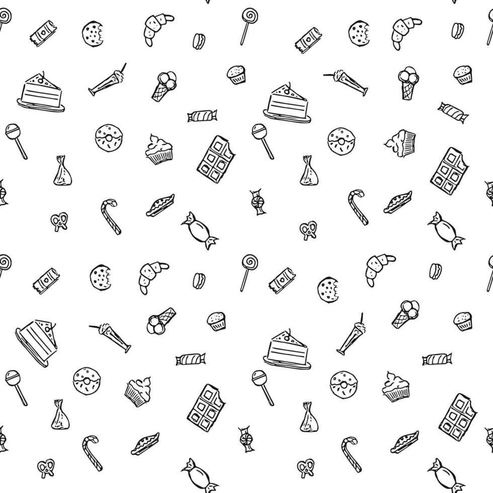 modello senza cuciture con dolci. doodle vettoriale con icone di dolci su sfondo bianco. illustrazione di dolci vintage, sfondo di elementi dolci per il tuo progetto, menu, caffetteria