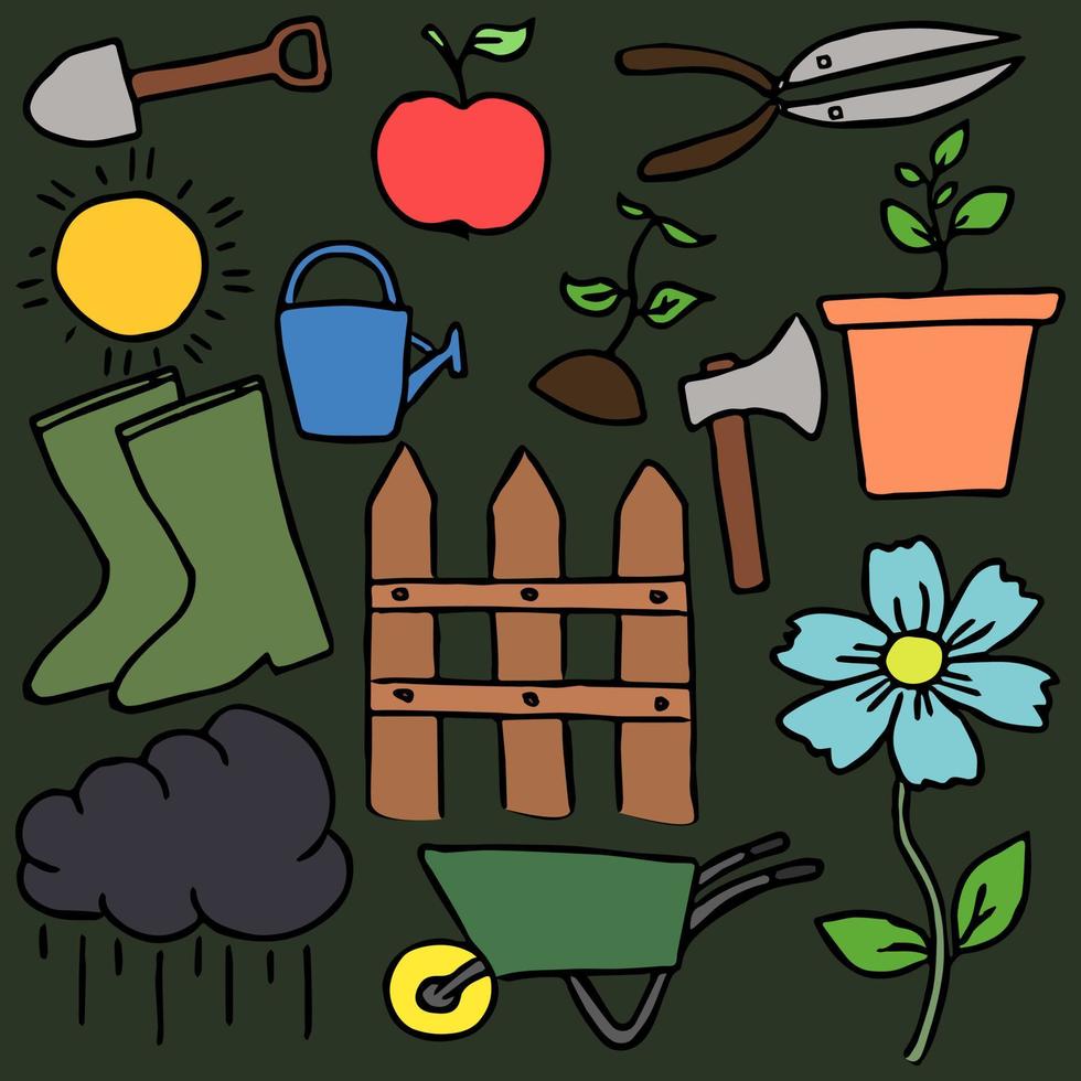 vettore di doodle colorato con icone di giardinaggio. icone di giardinaggio vintage su sfondo verde