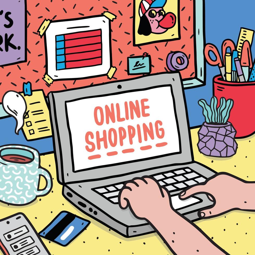 illustrazione vettoriale disegnata a mano delle mani delle persone che utilizzano il computer portatile per lo shopping online nell'area di lavoro.